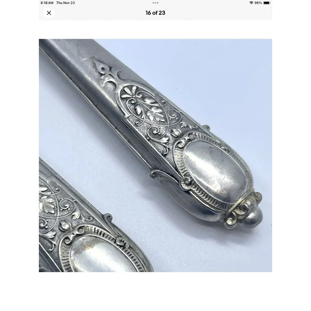 Rare Antq Ornate Motif Fish Dining Serving Set Silver Parcel Gilt Cutlery HTF